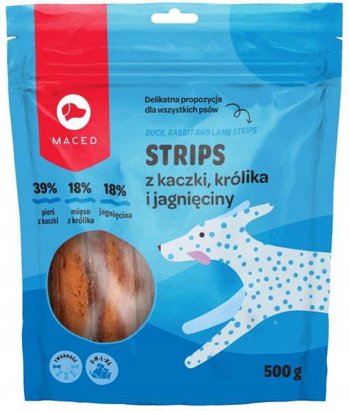 MACED Strips z kaczki, królika i jagnięciny 500 g – miękkie, aromatyczne paski dla psów
