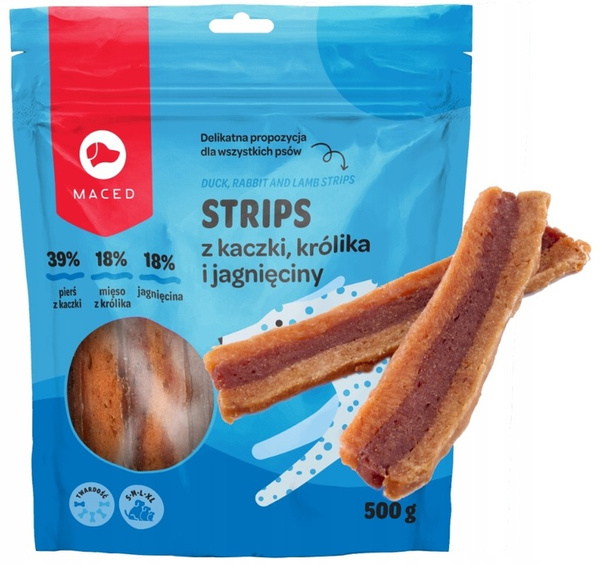 MACED Strips z kaczki, królika i jagnięciny 500 g – miękkie, aromatyczne paski dla psów