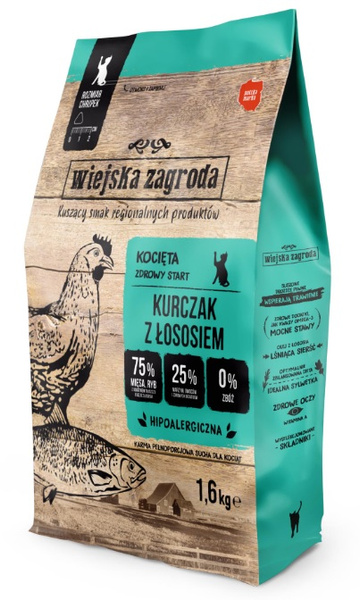 Wiejska Zagroda Kurczak z łososiem 1,6 kg – karma sucha dla kociąt