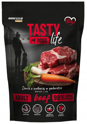 TASTY DOGS LIFE mokra karma dla psa z wołowiną w galaretce – saszetka 500 g