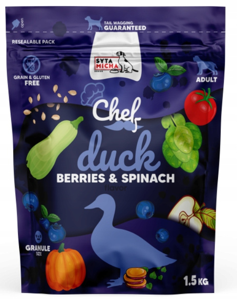 SYTA MICHA Chef Sucha karma dla psa KACZKA jagody i szpinak 1.5kg