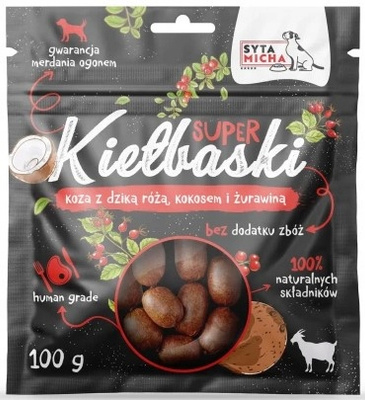 SYTA MICHA kiełbaski z kozą dziką różą i kokosem 100g