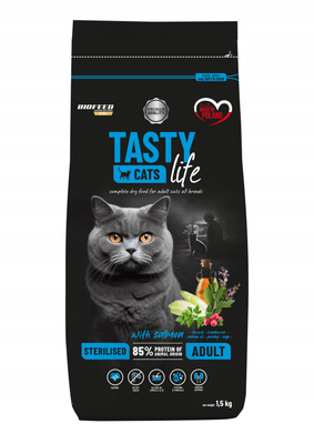 TASTY LIFE CATS STERILISED ADULT Z ŁOSOSIEM 1,5KG - Pełnoporcjowa karma dla dorosłych, sterylizowanych kotów